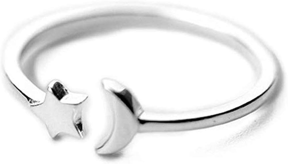 Crescent Moon Star Thin Minimalist Cute S925 Sterling Silver Engagement Open Tail Rings Dainty Adjustable Finger Promise Statement Band Small Ring Jewelry Gifts for Birthday Women Teen Girls Daughter