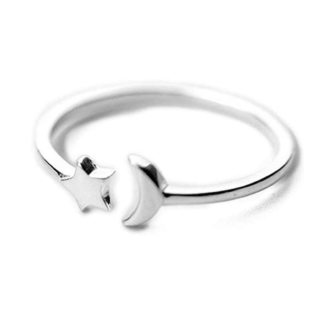 Crescent Moon Star Thin Minimalist Cute S925 Sterling Silver Engagement Open Tail Rings Dainty Adjustable Finger Promise Statement Band Small Ring Jewelry Gifts for Birthday Women Teen Girls Daughter