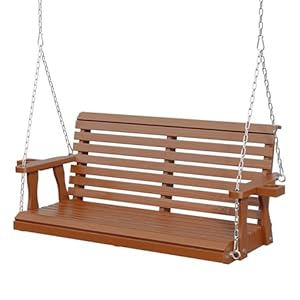 Oakcloud 2-Seat Wooden Porch Swing Chair with Hanging Chains, Patio Swing Bench for Adults – Wide Armrests with Cup Holder, Easy Install Outdoor Patio Hanging Seat (Brown)