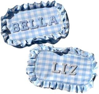 Generic Custom Blue Ruffle Makeup Bag, Last Toast on the Coast Swimsuit Bag, 30a Bach, Rosemary Beach Bach, Hamptons Bach, Coastal Granddaughter, Blue/White