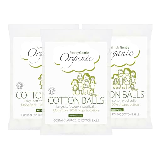 Simply Gentle Organic Cotton Balls – Soft, Hypoallergenic & High Absorbency | 100% Pure Cotton for Baby Care, Makeup Removal & First Aid | Eco-Friendly, Ethically Sourced 100 Balls (Pack of 3)
