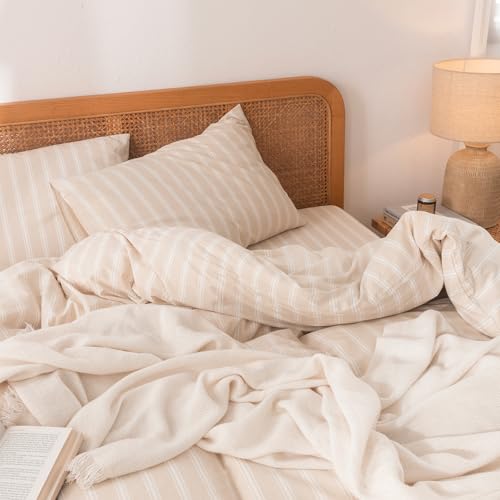 Image of BESTOUCH Striped Cotton Duvet Cover Set Linen Feel Queen | 100% Washed Cotton, Soft Wrinkle Texture, Hidden Zipper, 8 Ties, Breathable Lightweight Durable Comfy, 3 Pcs No Insert