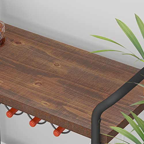 Ibf Solid Wood Bar Cart, Natural Real Wood Rolling Cart, 2 Tier Modern Industrial Kitchen Cart On Wheels, Vintage Rustic Wooden Metal Coffee Wine Cart Trolley With Wine Rack Storage, Distressed Brown #TOP2