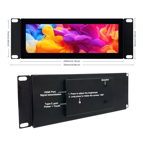 Image of 7.84 Inch 2U Rack Mount Touchscreen Monitor,1280x400 IPS Secondary Display with Speaker, Compatible with DeskPi RackMate T0 /T1 /T2 /T0 Plus /T1 Plus /TL1, Tecmojo 4U /6U /9U /12U 10inch Server Rack Cabinet