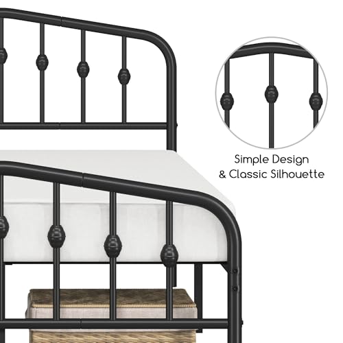 Yaheetech 4ft6 Double Bed Frames Slatted Metal Bed with Crown-inspired Design Headboard/Spacious Under-bed Storage Black