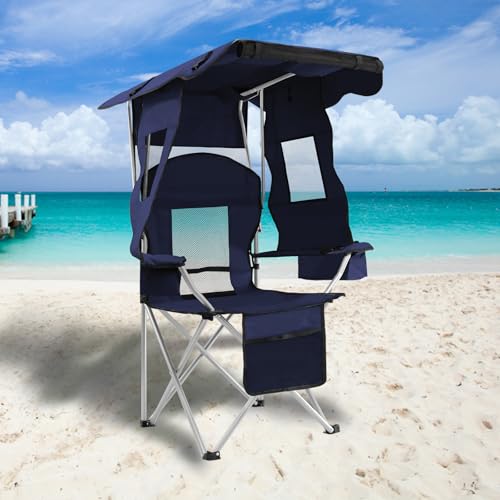 PLKO Camping Chairs with Canopy, Portable Quad Lawn Chair for Adults, Folding Recliner Chair with Cup Holder Outdoor Events and Shade- Support 330 LBSï¼ŒBlue