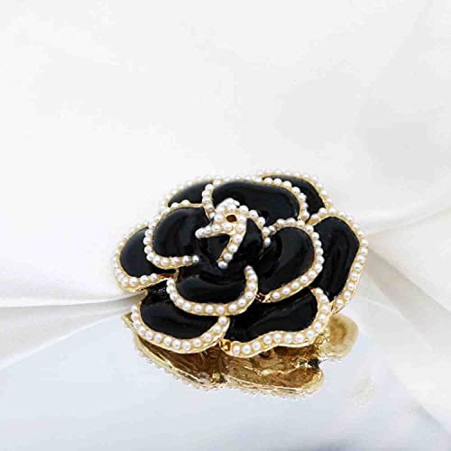 Camellia Flower Pearl Brooches Pins Fashion Beautiful Black White Enamel Floral Brooch Good Idea For Party Dance Wedding Banquet For Elegant Women Girl (Black) #TOP5