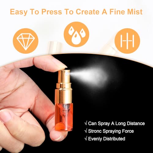 50 Pcs Mini Spray Bottles, 2 ml Clear Glass Perfume Bottles, Refillable Fine Mist Perfume Atomizer, Portable Empty Sample Containers for Cleaning, Essential Oils, Travel (Gold Cap)4