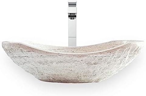 EDUPET Tan Travertine Chiseled Stone Bathroom Vessel Sink - Oval Canoe Shape - 100% Natural Marble, Hand Carved - Free Matching Soap Tray