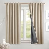 Picture of NICETOWN Cream Thick Linen Blend 100% Blackout Curtains with Grey Liners, Rod Pocket Back Tab Thermal Insulated Flax Textured Full Blackout Window Draperies for Kitchen (2 Panels, 42" W by 63" L)