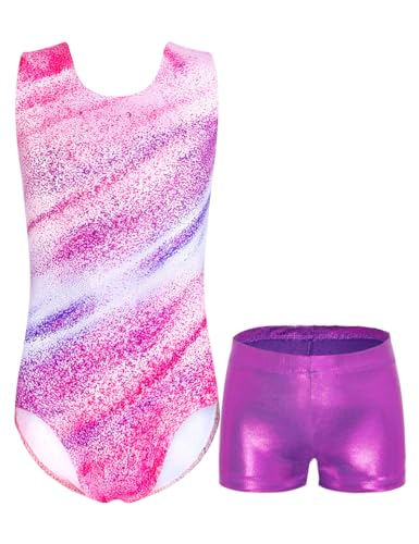 Domusgo Girls Gymnastics Leotards Size 4T 5T Sparkly Colorful Stripes Tumble Bodysuits Sleeveless Outfits With Shorts cover