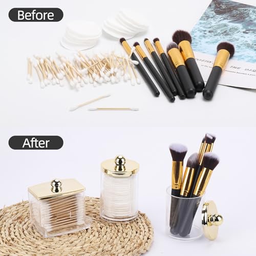 Image of Tbestmax 3 Pack Qtips Dispenser - Bathroom Organizers and Storage Containers, Plastic Apothecary Jars with Gold Lids for Cotton Ball Swab Round Pads, Floss - Gold