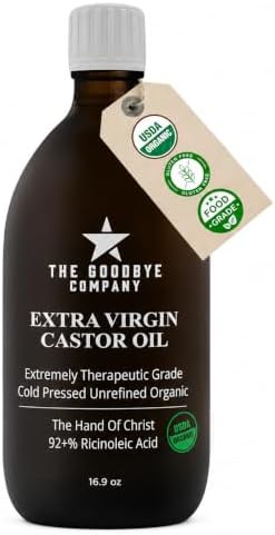 Castor Oil USDA Certified Organic Glass Bottle Pure Cold-Pressed - (500 ml) 100% Natural Virgin Castor Oil Unrefined Moisturising for Skin Hair Growth for Eyelashes, Hexane & BPA Free (16.90 Ounces)