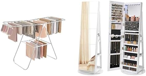 SONGMICS Clothes Drying Rack, 6 LEDs Lockable Mirror Jewelry Cabinet, ULLR052W01 and UJJC007W01