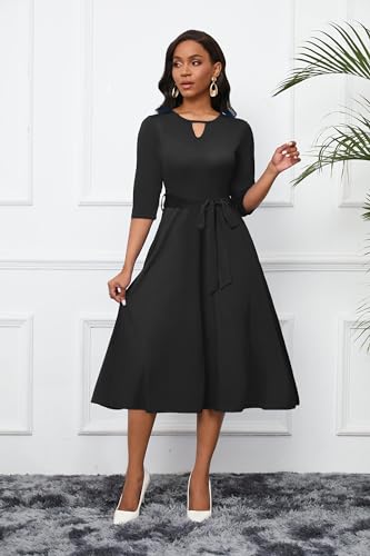 Image of CLOCOR Midi Dresses for Women Casual A-Line Fit and Flare Dress Crewneck 3 /4 Sleeve Keyhole Cocktail Party Church Dress