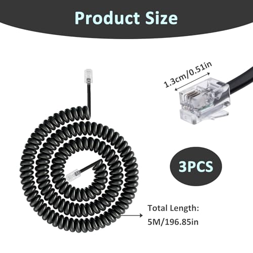 Ksywydu 3 sztuki kabel słuchawkowy do telefonu, stały kabel telefoniczny RJ9 4P4C spiralny czarny 5 m, wymienny spiralny kabel telefoniczny do telefonu biurowego modemu faksowego