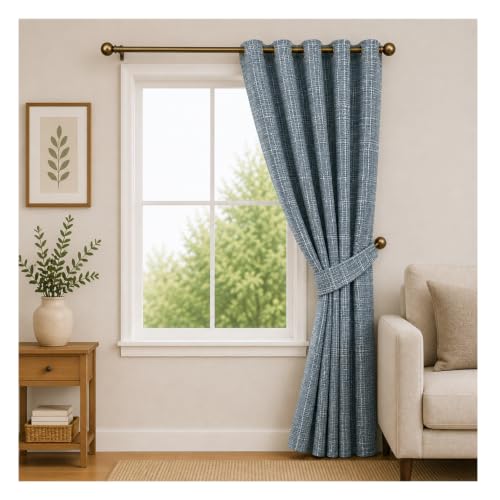 Image of Premium Faux Linen Curtain with Eyelets & Tie-Back | Modern Textured Light Filtering Door & Window Curtain for Home & Office | Washable, Durable & Easy to Maintain | Teal, Window - 5 ft