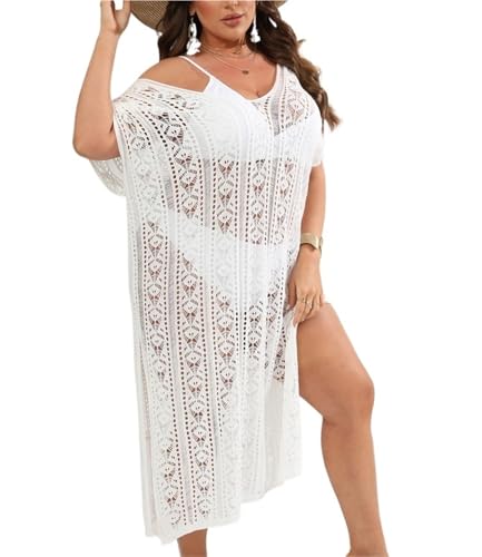 Vestido playero calado de talla grande para mujer con manga corta