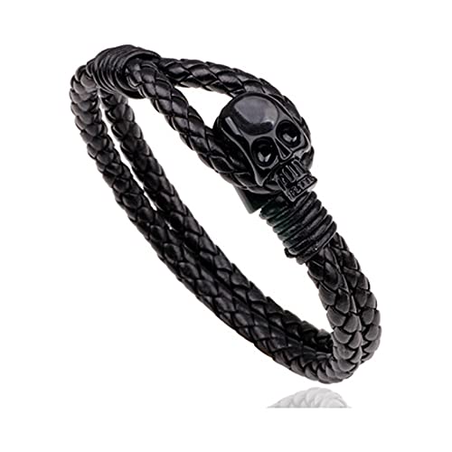 Fusamk Punk Rock Alloy Skull Leather Cuff Bracelet(Black) #TOP11
