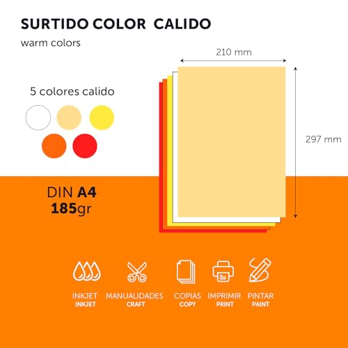 OFITURIA Bunte Kartons A4, Farbige Blätter A4 für Basteln, Bildung, Zuhause, Kunst oder Büro, 50 Blätter, Warmes Sortiment