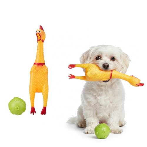 Image of Amazon Basics Interactive Dog Toy Combo | Squeaky Yellow Chicken & Rubber Ball | Latex Chew & Fetch | Non-Stuffed | for Puppies & Small Dogs