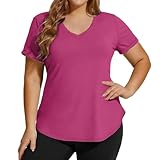Aniywn Women Oversized Tshirt Summer Plus Size Workout Tops V Neck Short Sleeve Shirt Summer Tunic Side Slit Casual Sport Tee Hot Pink