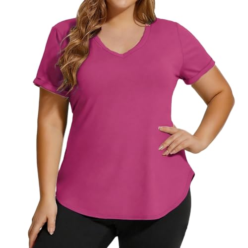 Aniywn Women Oversized Tshirt Summer Plus Size Workout Tops V Neck Short Sleeve Shirt Summer Tunic Side Slit Casual Sport Tee Hot Pink