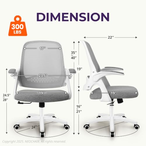 NEO CHAIR Office Desk Chair, Ergonomic Mesh with Flip-Up Armrests, Grey - Image 2