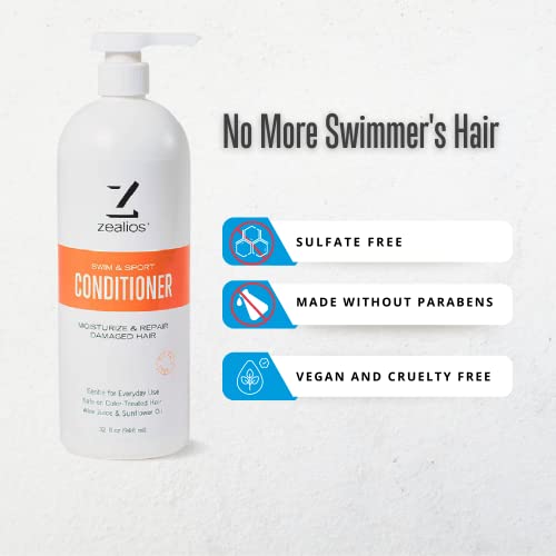 Zealios Swim & Sports Hair Conditioner Dynamic Chlorine Removal Formula, Moisturize Damaged Hairs, Great For Swimmers & Athletes - Protects Color/Treated Hair From Pool Chlorine & Chemicals - 32 Oz #TOP3