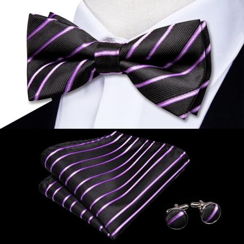 Image of Dubulle Mens Paisley Striped Bowtie Set Pre-tied Bowtie for Men and Pocket Square Set Wedding Business