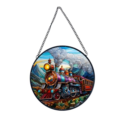 Stained Glass Window Hanging, Train & Mount View Sun Catcher for Door Garden Home Decor Suncatcher, Christmas Mother's Day Birthday Gifts for Travel Enthusiast, 11.8 Inch