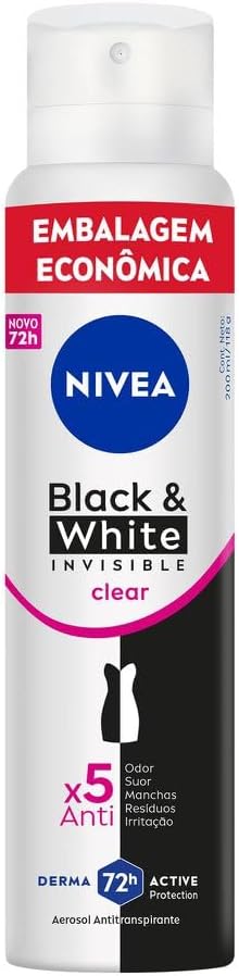 NIVEA Desodorante Antitranspirante Aerossol Black & White INVISIBLE Clear 200ml, Proteção 72h, Contra Suor e Odor, Anti-manchas