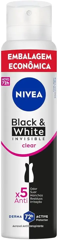 NIVEA Desodorante Antitranspirante Aerossol Black & White INVISIBLE Clear 200ml, Proteção 72h, Contra Suor e Odor, Anti-manchas