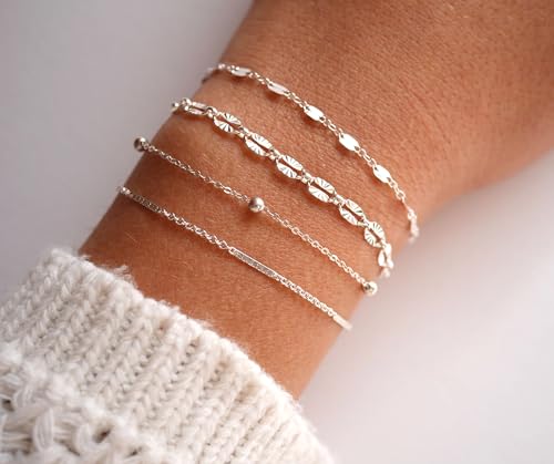 Moodear 925 Sterling Silver Bracelet for Women - Dainty 3mm Bead Link Chain Bracelets Trendy Adjustable Satellite Chain for Women Waterproof Jewelry Gift4