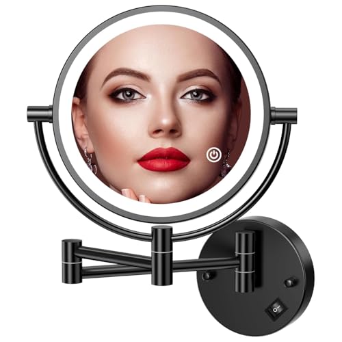 Auxmir Espejo Maquillaje con Luz Pared, Aumento 1X/10X Doble Cara Giratorio 360, Espejo Baño Extensible Táctil con Enchufe, 3 Colores Brillo Regulable, Negro