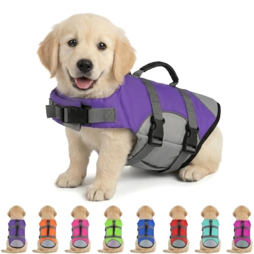 Mklhgty Dog Life Jacket, Reflective Adjustable Dog Life Vest with Rescue Handle for Swimming and Boating, Ripstop Pet Safety Life Preserver for Small, Medium and Large Dogs
