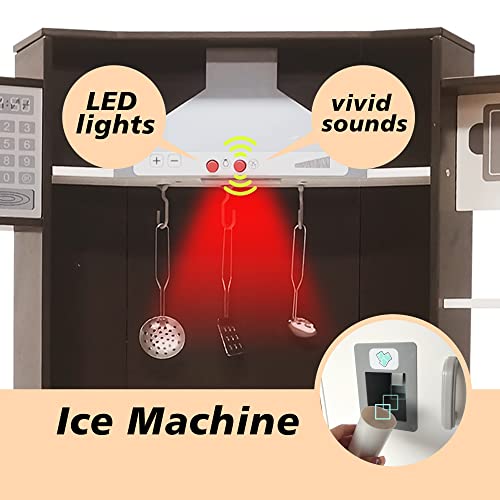 TaoHFE Corner Play Kitchen with Lights & Sounds Brown Kitchen Kids Toddler Kitchen Set with Washer, Chalkboard Wooden Kitchen Kids Playset with Washing Machine Range Hood Boys Gift for Ages 3+