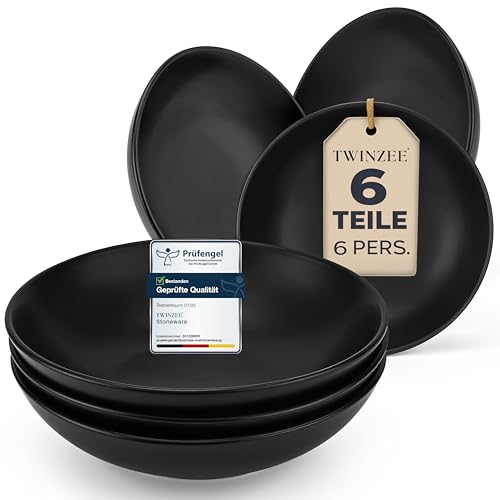 Steingut Suppenteller Set für 6 Personen - 6-teiliges Set in Matt-Schwarz, Mikrowellengeeignet, Große Tiefe Teller für Pasta und Suppe - Twinzee Ebony Collection