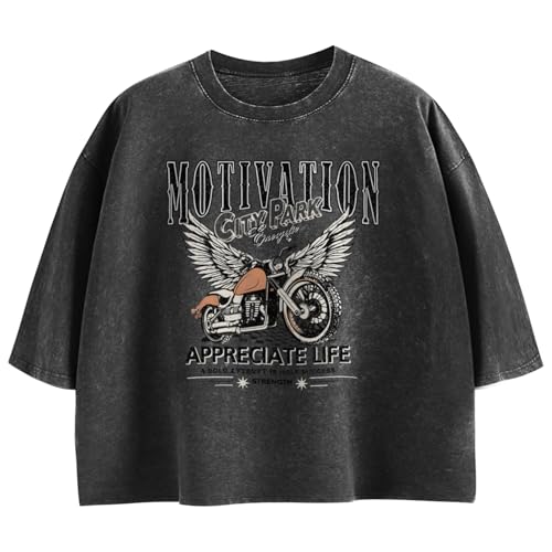 Motorcycle Cropped Graphic Vintage Tees for Women Y2k Aesthetic Baggy Crop Top Acid Wash Motivation T Shirt Trendy