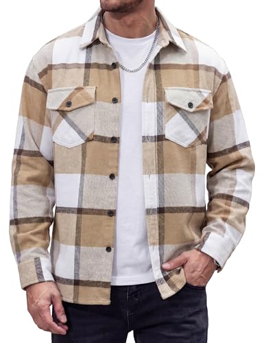 MAGCOMSEN Men's Flannel Shirt Long Sleeve Lightweight Shirt Jacket Button Down Casual Plaid Shirts Beige