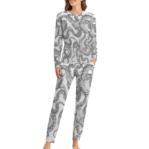 Pyjama femme manches longues Poulpe Gris ensemble sleepwear pantalon de nuit