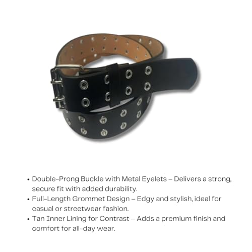 Men’s Black Punk Belt with Double Eyelet Design and Metal Buckle3