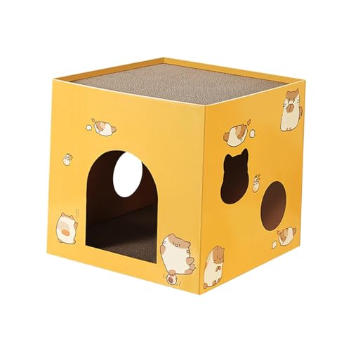 Generic 猫ボックス 猫ベッド 猫用ダンボール箱 キャットハウス 爪とぎボード 室内用ダンボールキャットハウス ウサギ 猫, イエローS