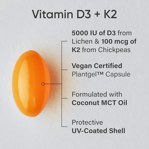 Sports Research Vegan Vitamin D3 + K2 Supplement with Organic Coconut Oil - 5000iu Vitamin D with 100mcg Mk7 Vitamin K - Supports Calcium for Stronger Bones & Immune Health - 30 Softgels for Adults - Image 3