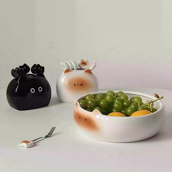 Fruit Forks Set with Ceramic Cat Handles, 6 Stainless Steel Forks for Fruit Dessert Salad, Cute Animal Food Picks and Fun Table Ornaments with Storage Jar (Black)