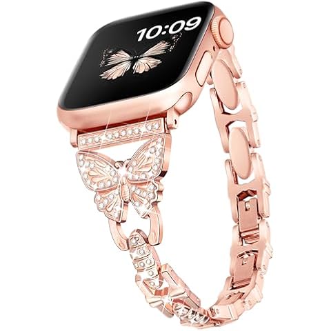 Aniaboho Compatible with Dressy Luxury Designer Bling Thin Apple Watch Bands for Women 44mm 45mm 49mm 42mm 46mm, Butterfly Cocoon iWatch Bands for Sparkly Slim Apple Watch Series 10 9 SE 8 7 6 5 4 3 2 1 Band (Rose Gold) Cover