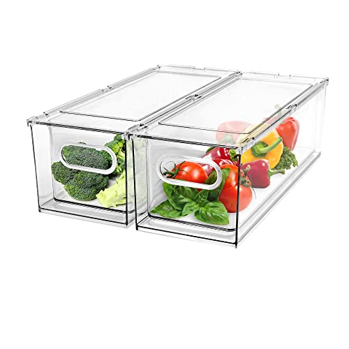 2 Pack Refrigerator Organizer Bins Stackable Fridge Organizer Set with Pull-out Drawer Clear Vegetable Fruit Storage Con - Detailed View