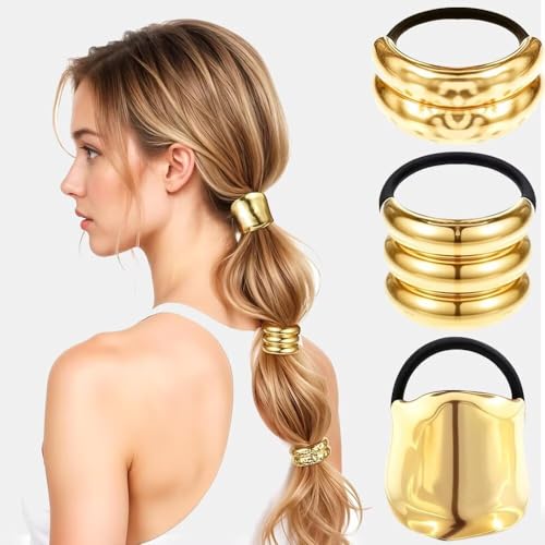 Coleteros geométricos dorados, 3 estilos - Coleteros de metal elásticos y duraderos para cabello grueso