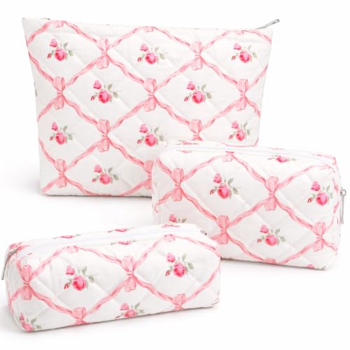 Gocvo 3 Pcs Makeup Bag Cosmetic Bag Set for Girls Women Travel Organizer Bathroom Toiletry Pouch Large Capacity Storage Bag（Pink Ribbon）