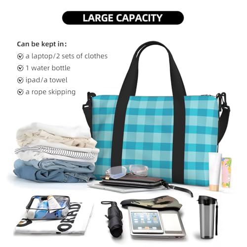 Laptop Tote Bag for Women Work - Aqua Blue Gingham Print Weekender Overnight Bags for Women Travel, Gym Duffle Bag for Men, Personal Item Crossbody Travel Bags for Men Carry On4